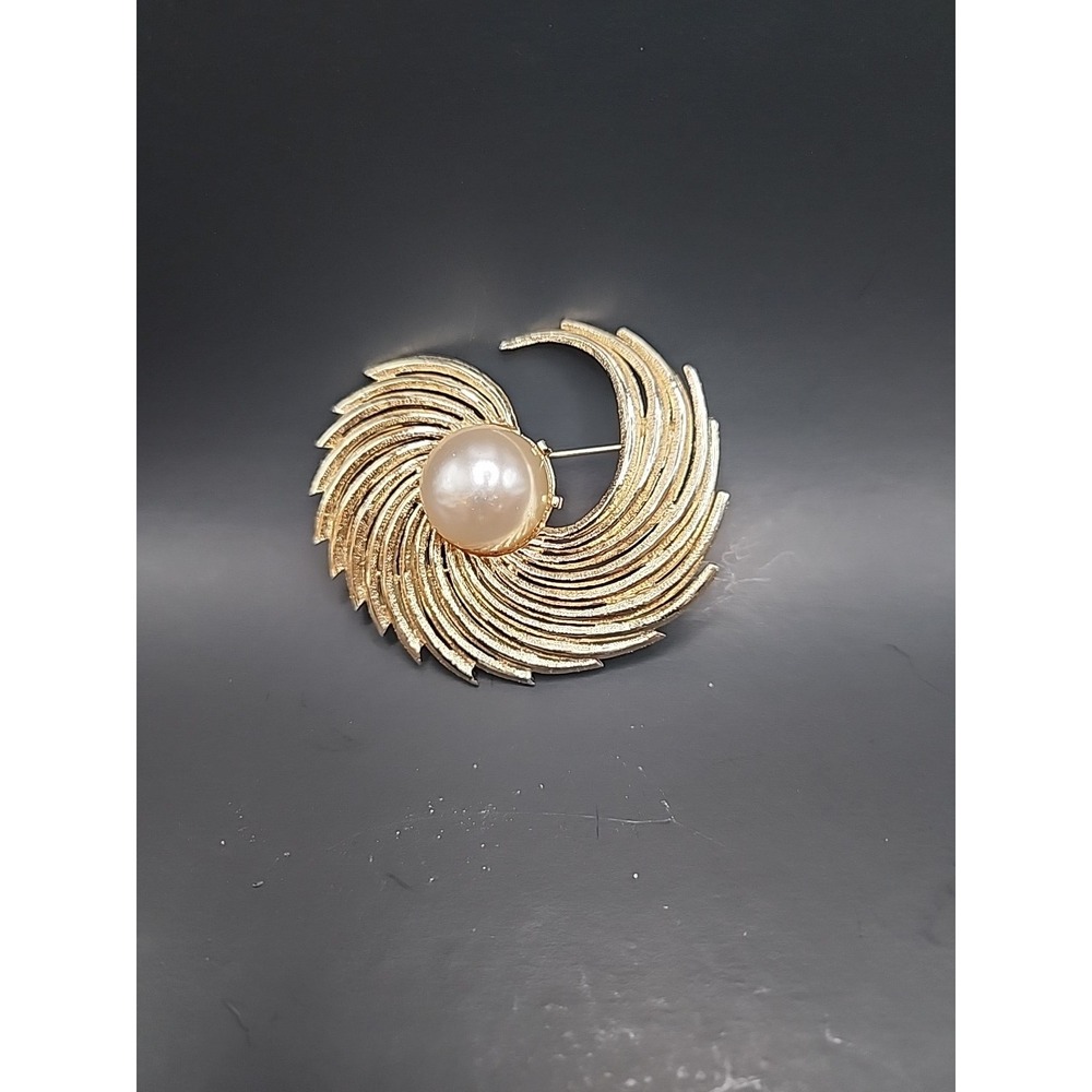 Vintage Large 3" X 2.5" Goldtone Spiral Swirl Brooch With Faux Pearl Center